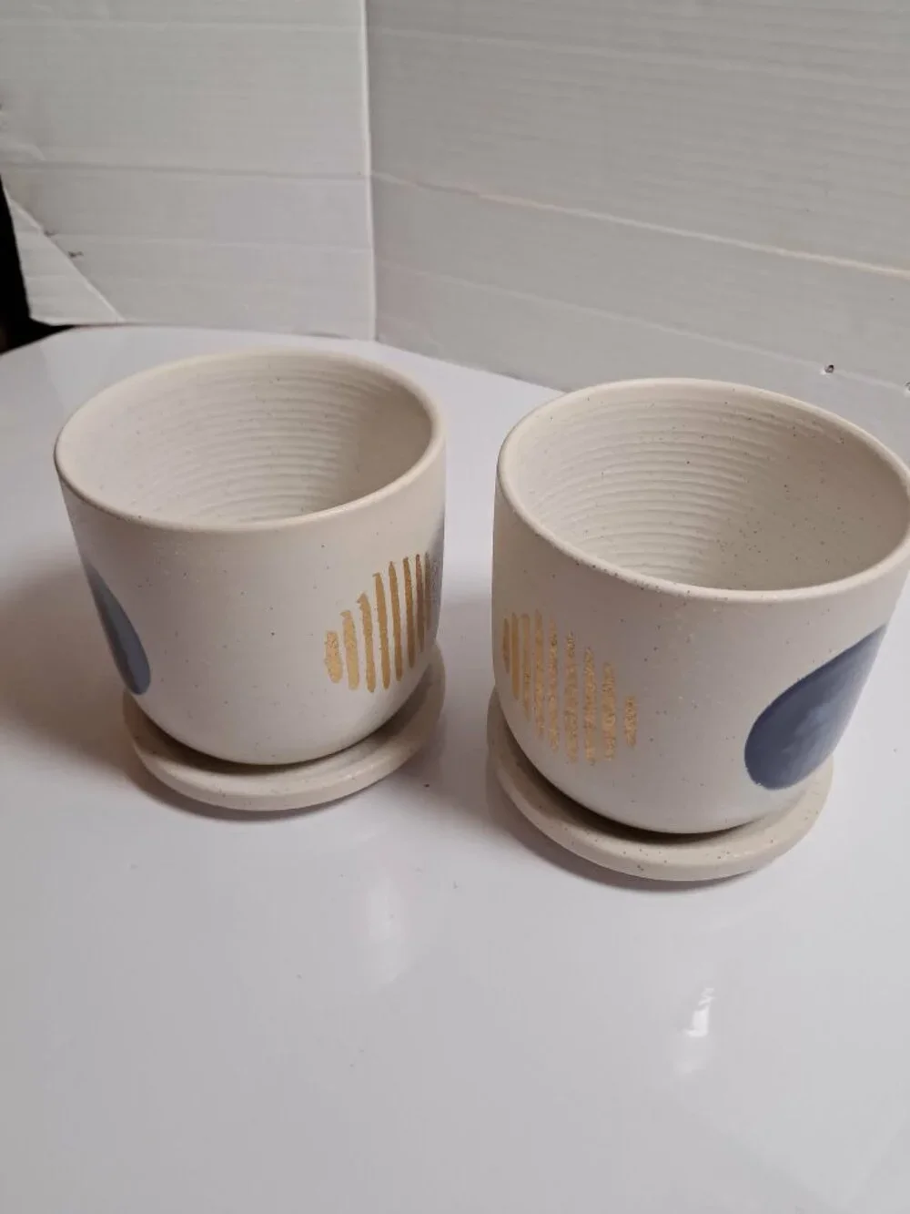2 Pc Beige Ceramic Vases Blue Gold Speckled Set